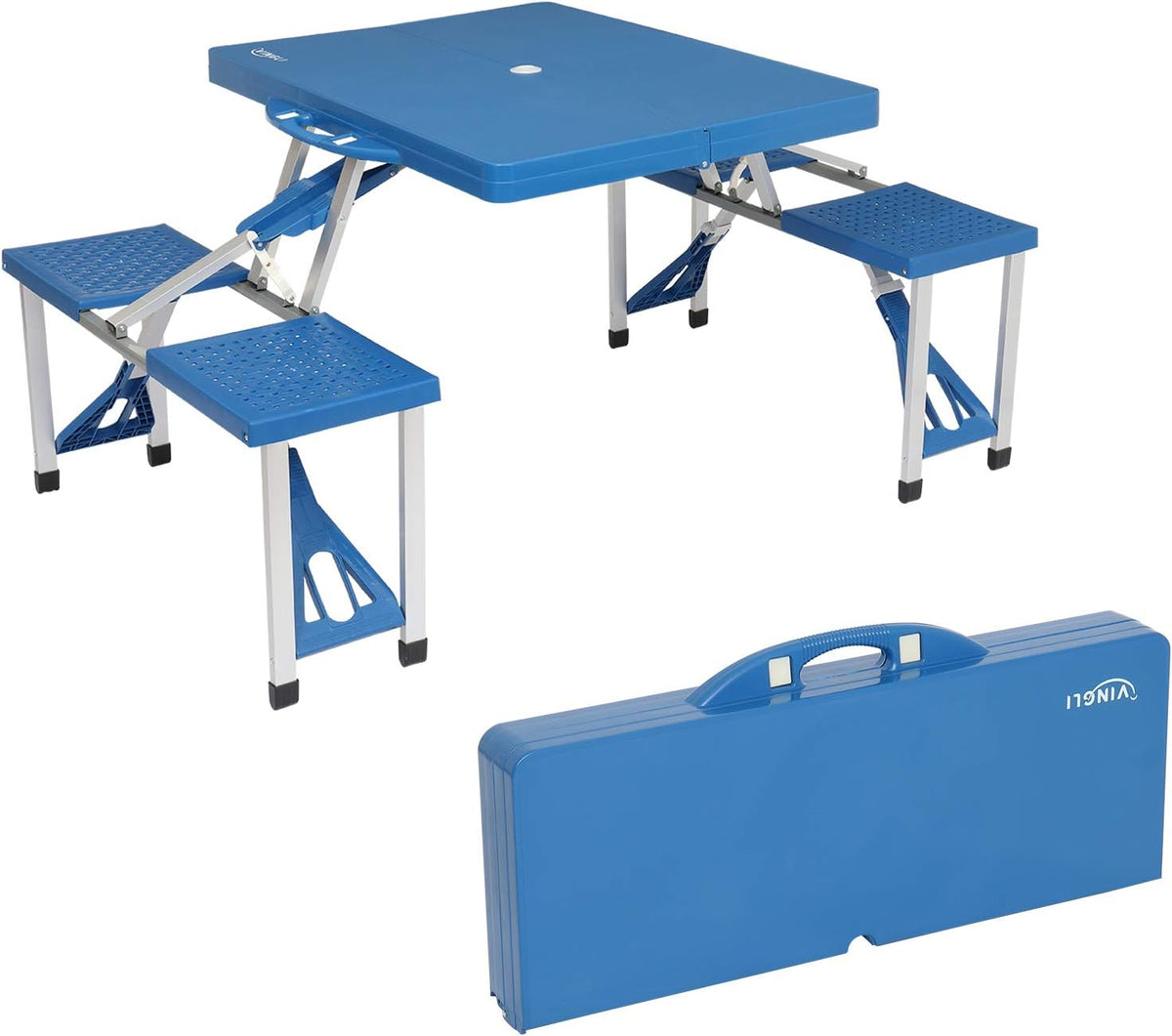 Folding Camping Picnic Table with 4 Seats with Patio Umbrella Hole, Portable Table Aluminum Alloy Frame P8486