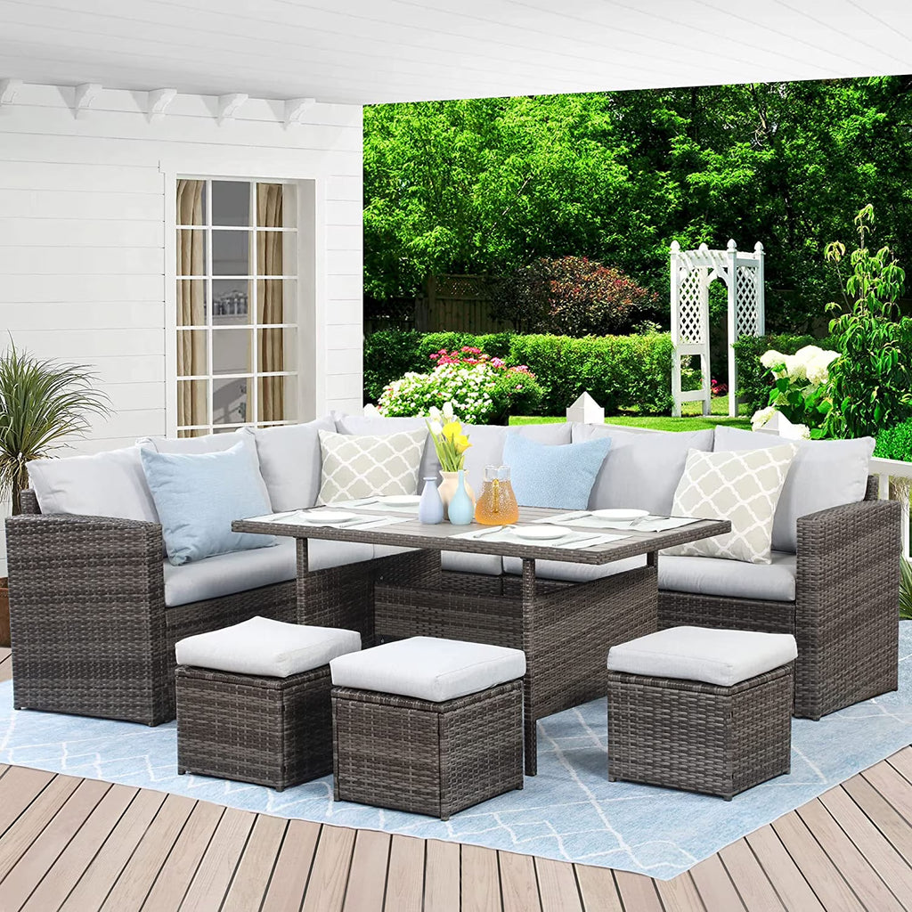 7 Piece Outdoor Dining Sectional Sofa with Dining Table and Chair X423795