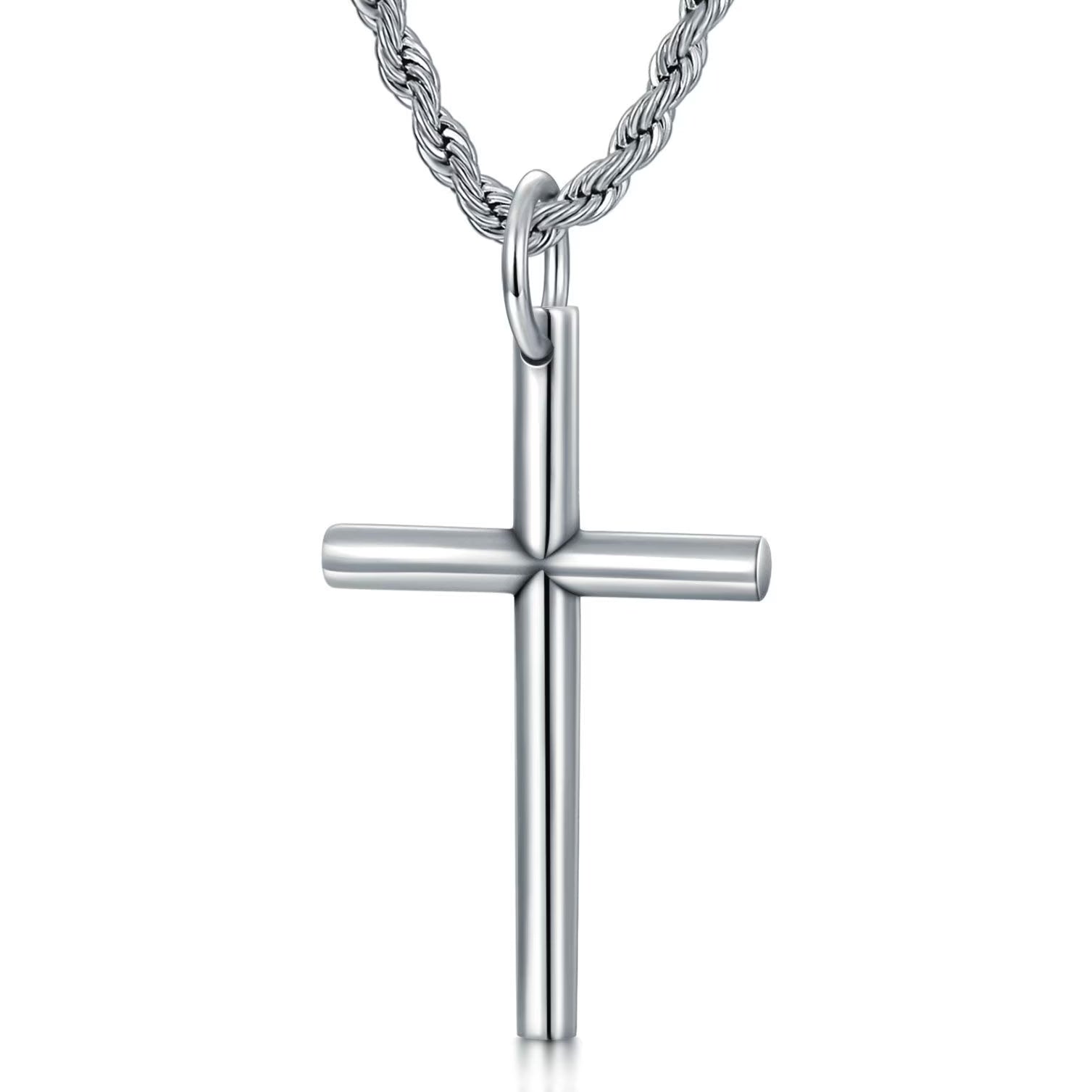 Sterling Silver Cross Pendant Necklace Cuban Chain Necklace Rope Chain Necklace B34407