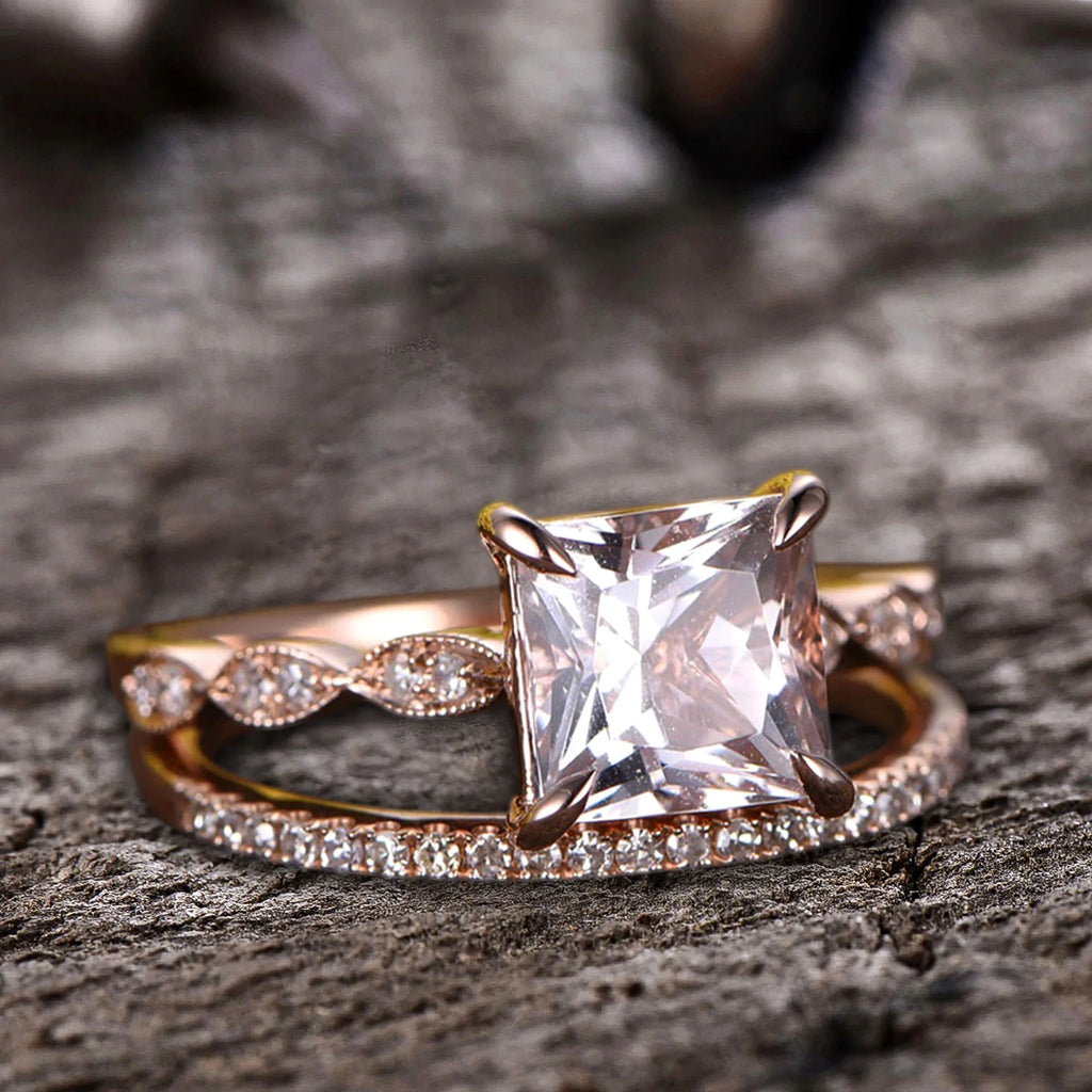 10k Rose Gold Morganite Diamond Moissanite Wedding Set L17285