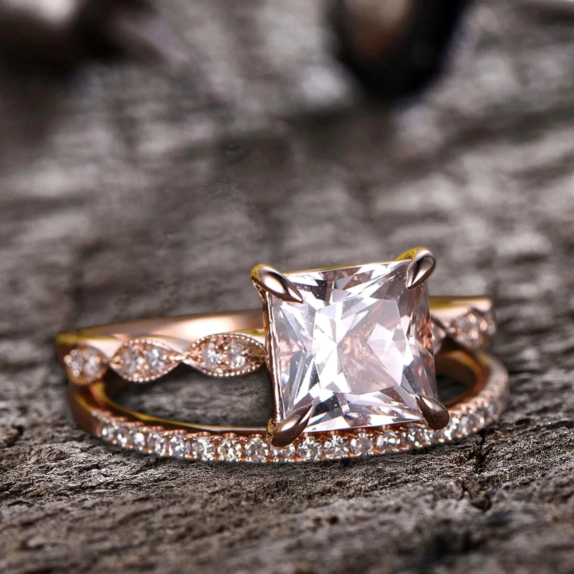 10k Rose Gold Morganite Diamond Moissanite Wedding Set L17285