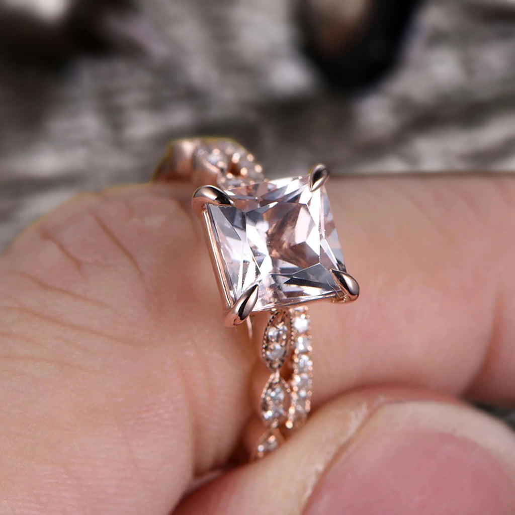 10k Rose Gold Morganite Diamond Moissanite Wedding Set L17285