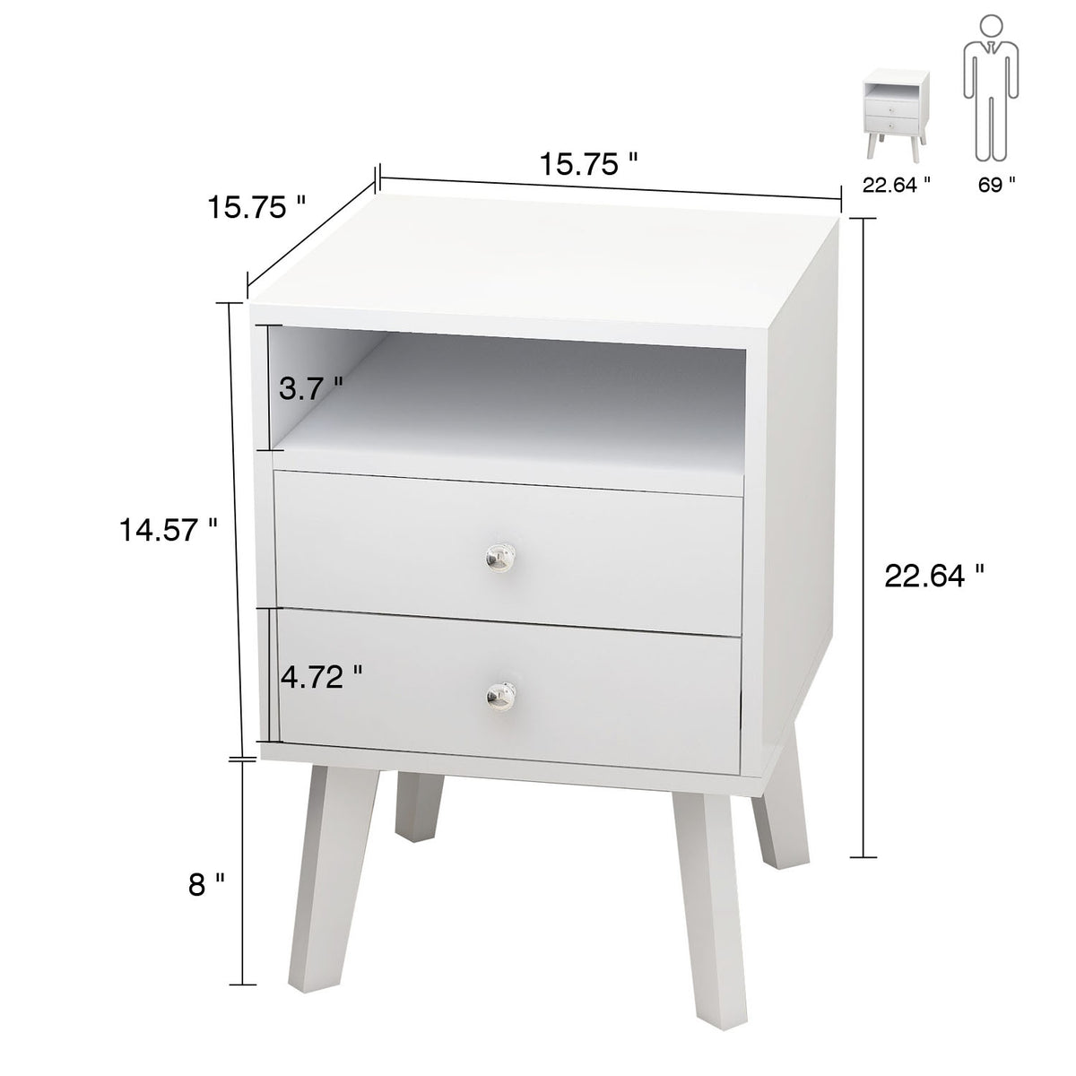 High Glossy 2 Drawer Wood Nightstand With Open Shelf Y139356