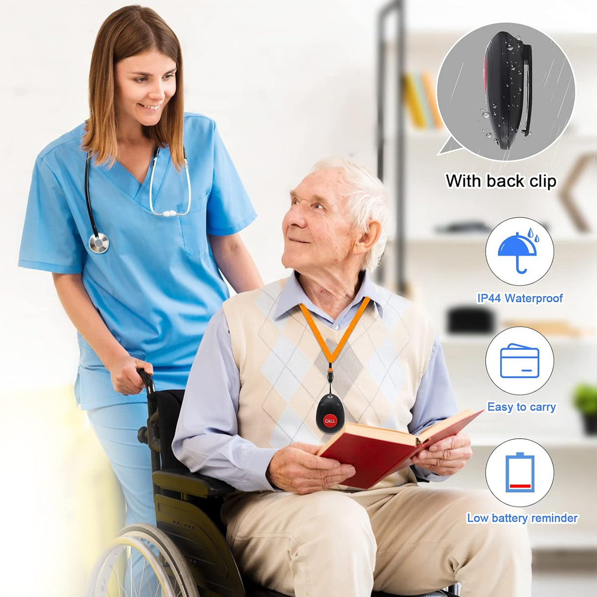 Wireless Call Button Nurse Alert System with 2 Number Display Plug-in Receiver, 5 Waterproof Transmitters K111