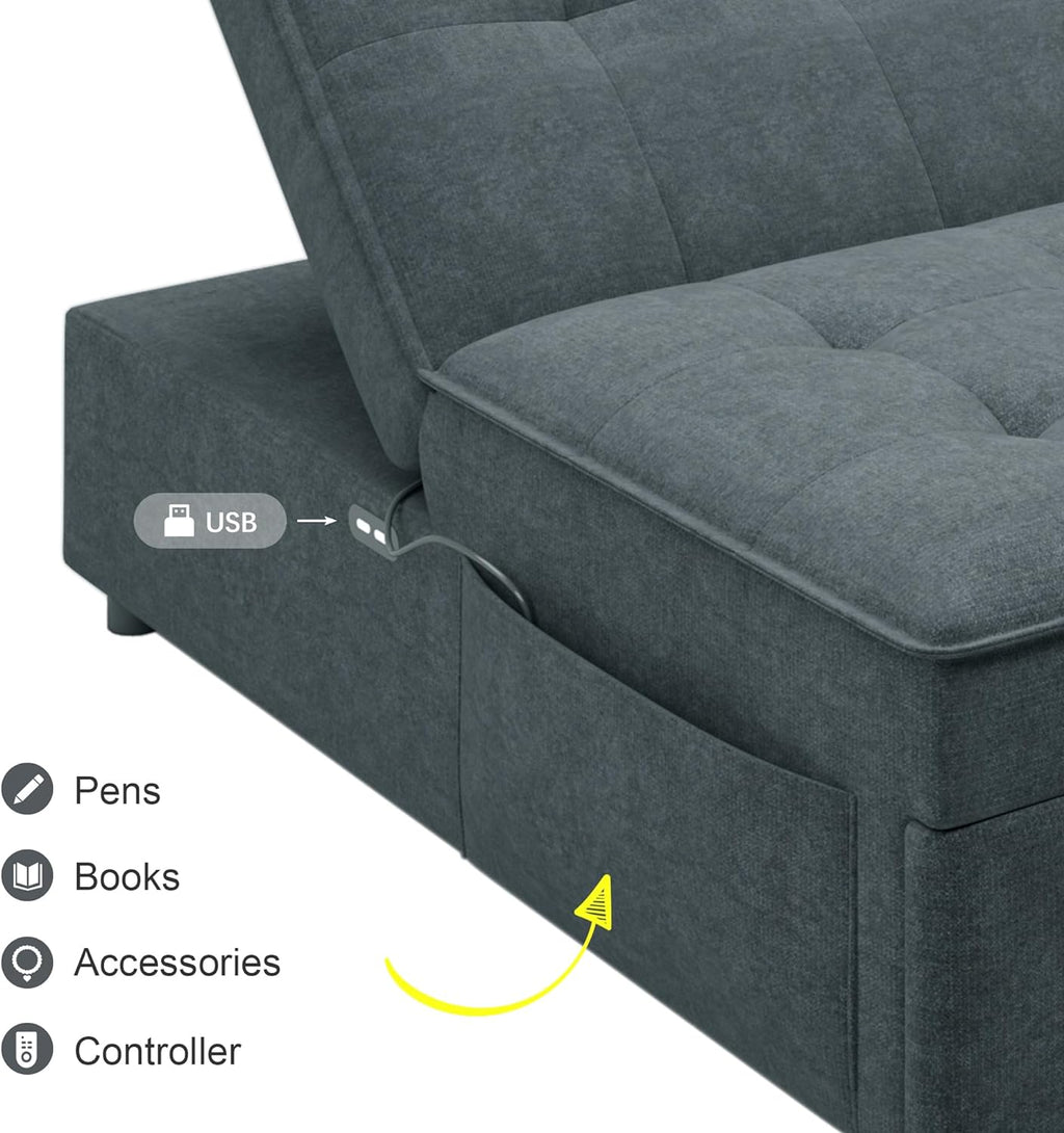 Convertible Sofa Bed with Storage Pocket, USB Ports, Foldable Ottoman Single Sleeper Sofa Chair, Deep Blue S616501