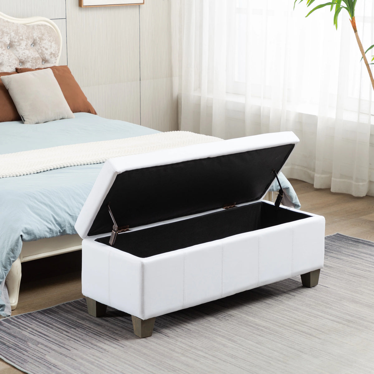 Beige Faux Leather Rectangle Ottoman with Storage J8752