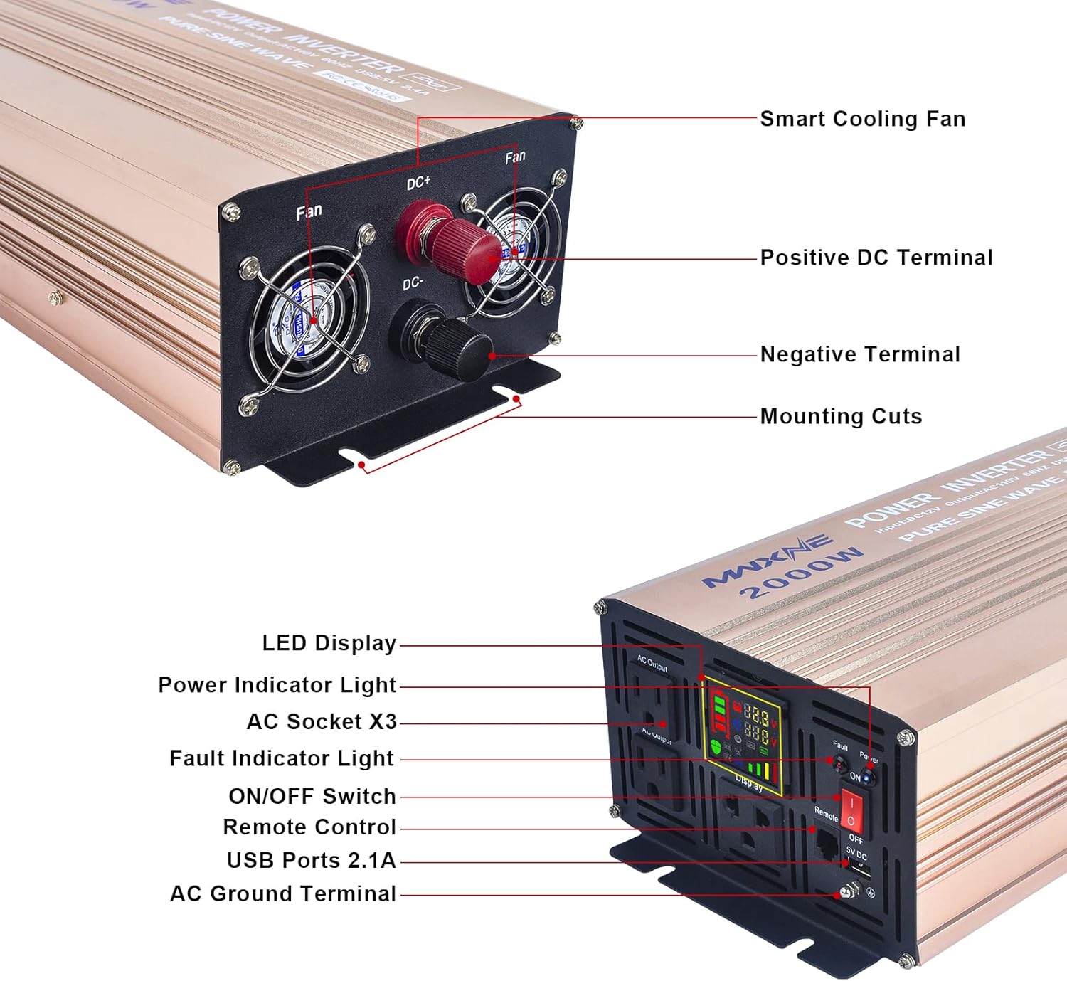 2000 Watts Pure Sine Wave Power Inverter with LCD Display L7299