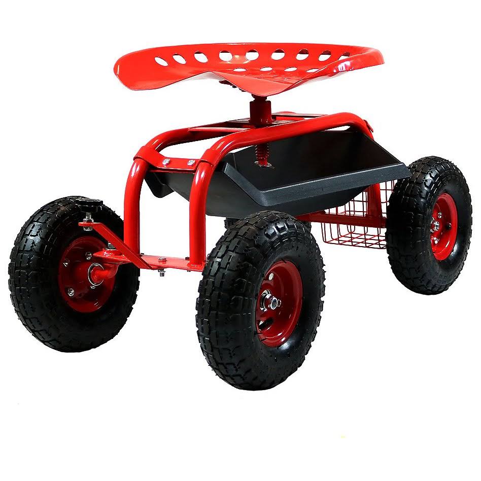 Green Rolling Garden Cart with Steering Handle, Swivel Seat & Basket K525