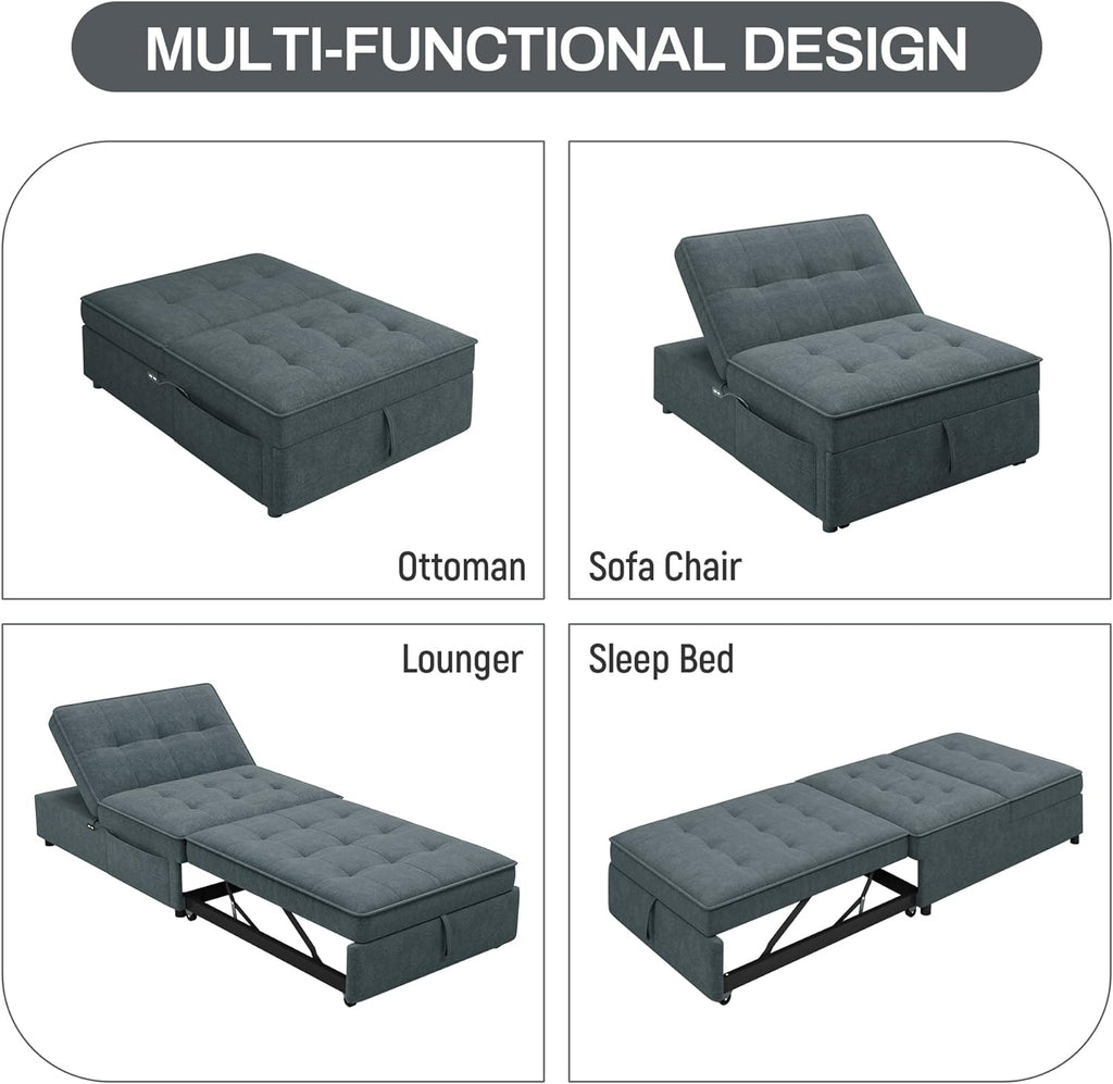 Convertible Sofa Bed with Storage Pocket, USB Ports, Foldable Ottoman Single Sleeper Sofa Chair, Deep Blue S616501