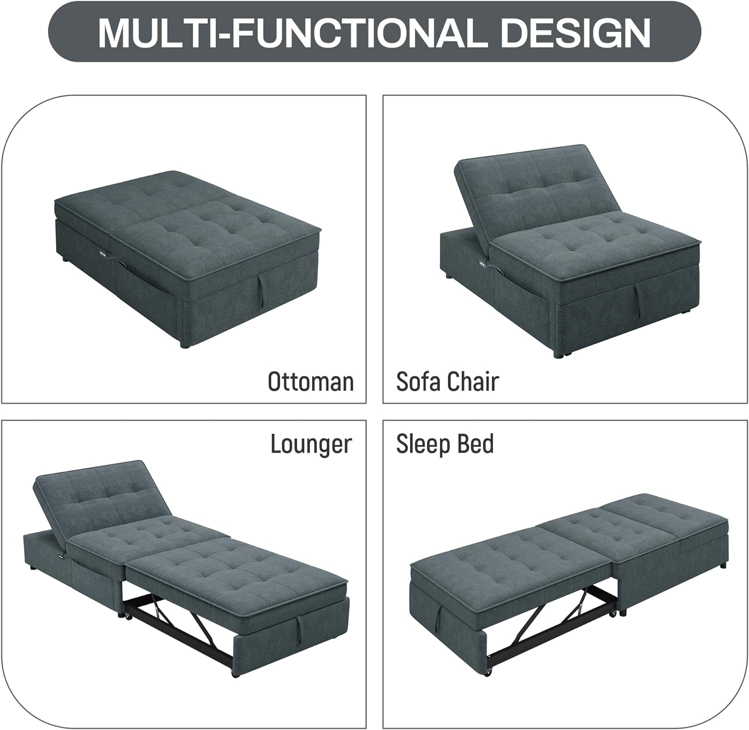 Convertible Sofa Bed with Storage Pocket, USB Ports, Foldable Ottoman Single Sleeper Sofa Chair, Deep Blue S616501