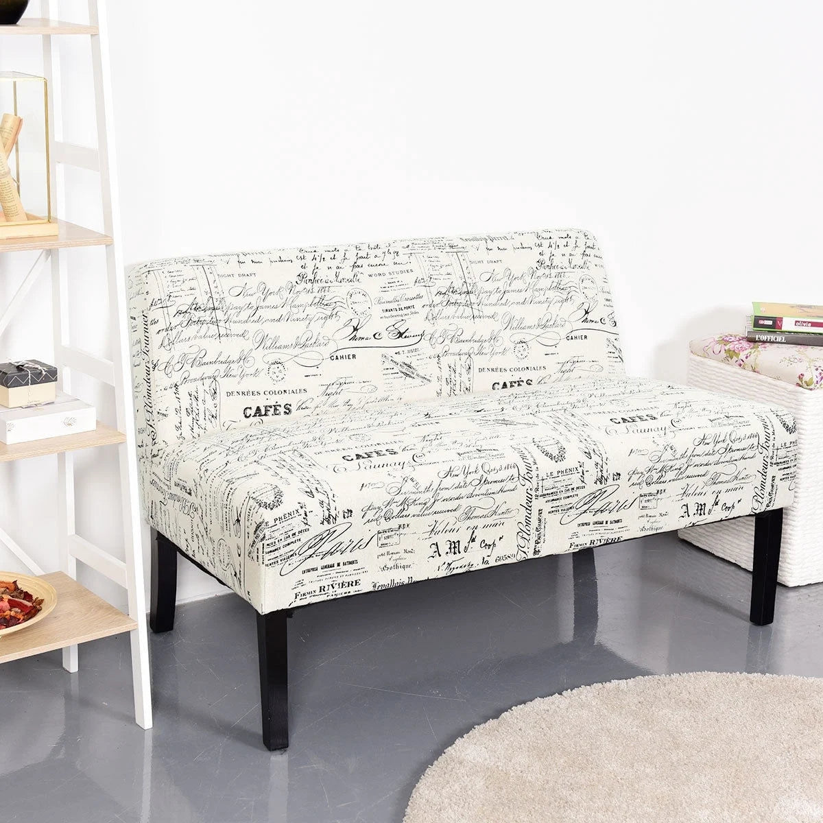 Off-White Cursive Pattern Loveseat Sofa with Black Wood Legs Y418617
