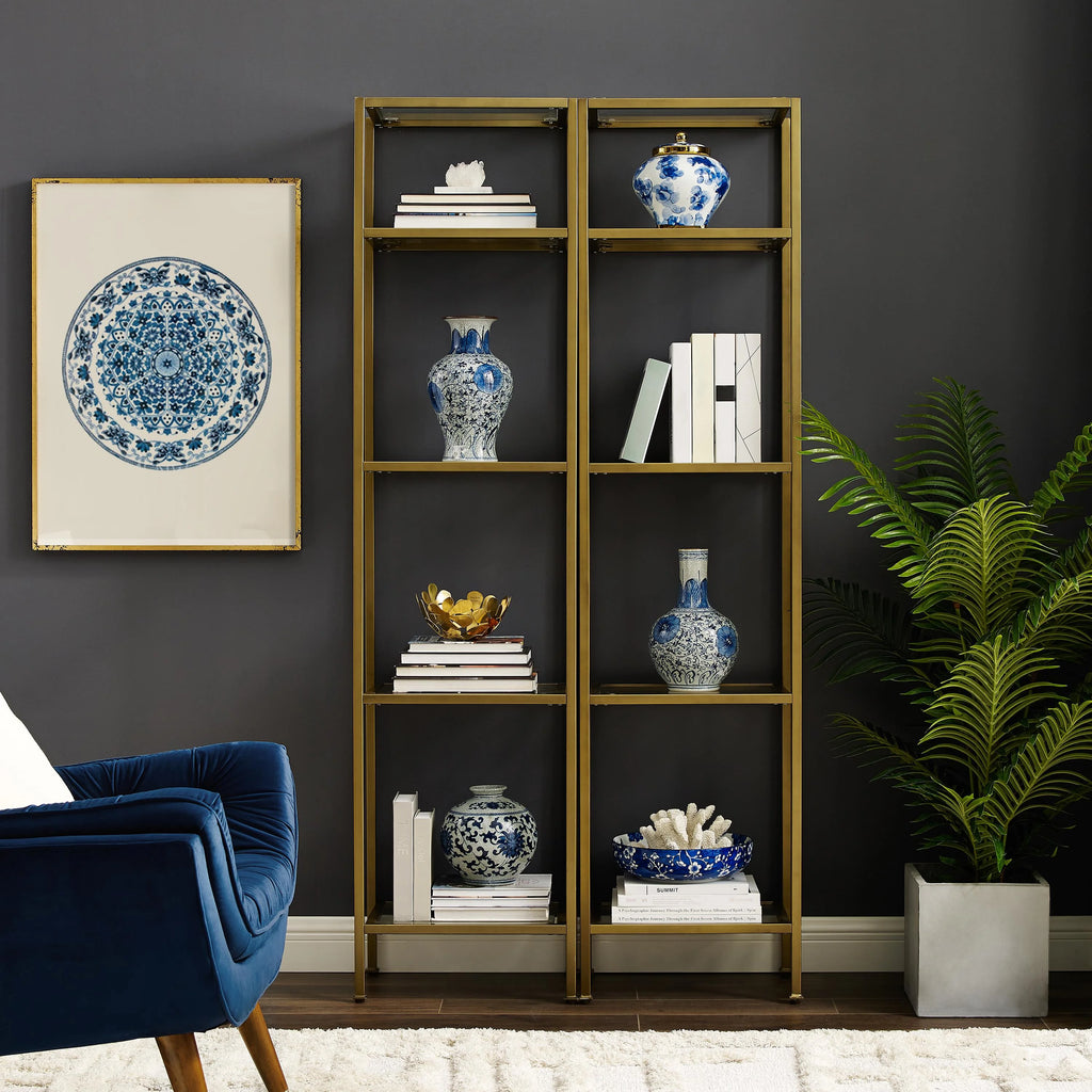 Soft Gold Metal Glass Etagere Bookcase Set of 2 F2779
