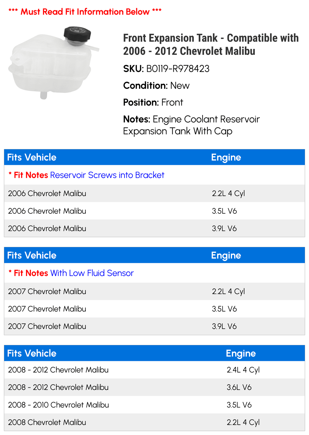 Front Expansion Tank for Chevy Malibu 2006-2012 C753