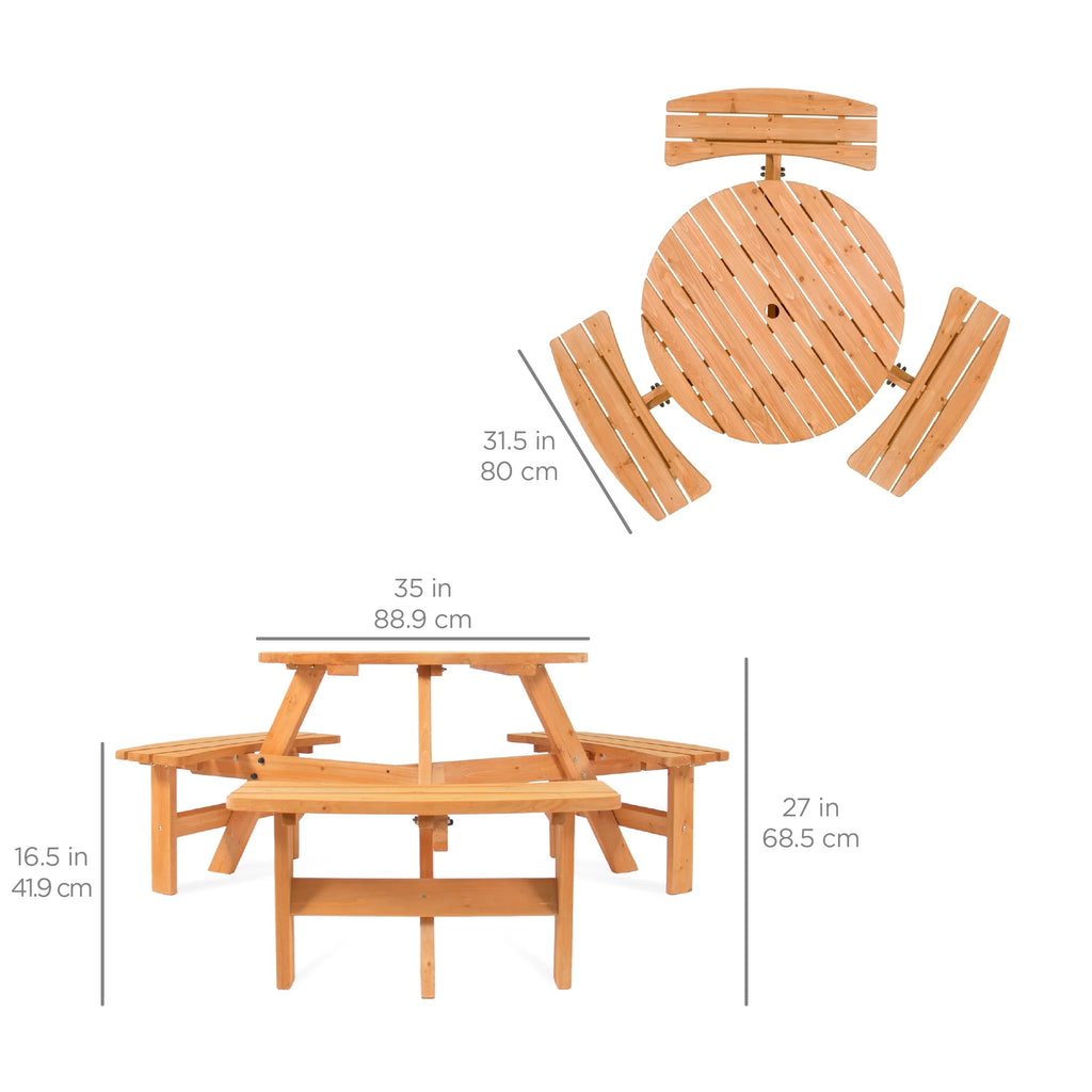 6-Person Circular Wooden Picnic Table with 3 Built-In Benches M146852